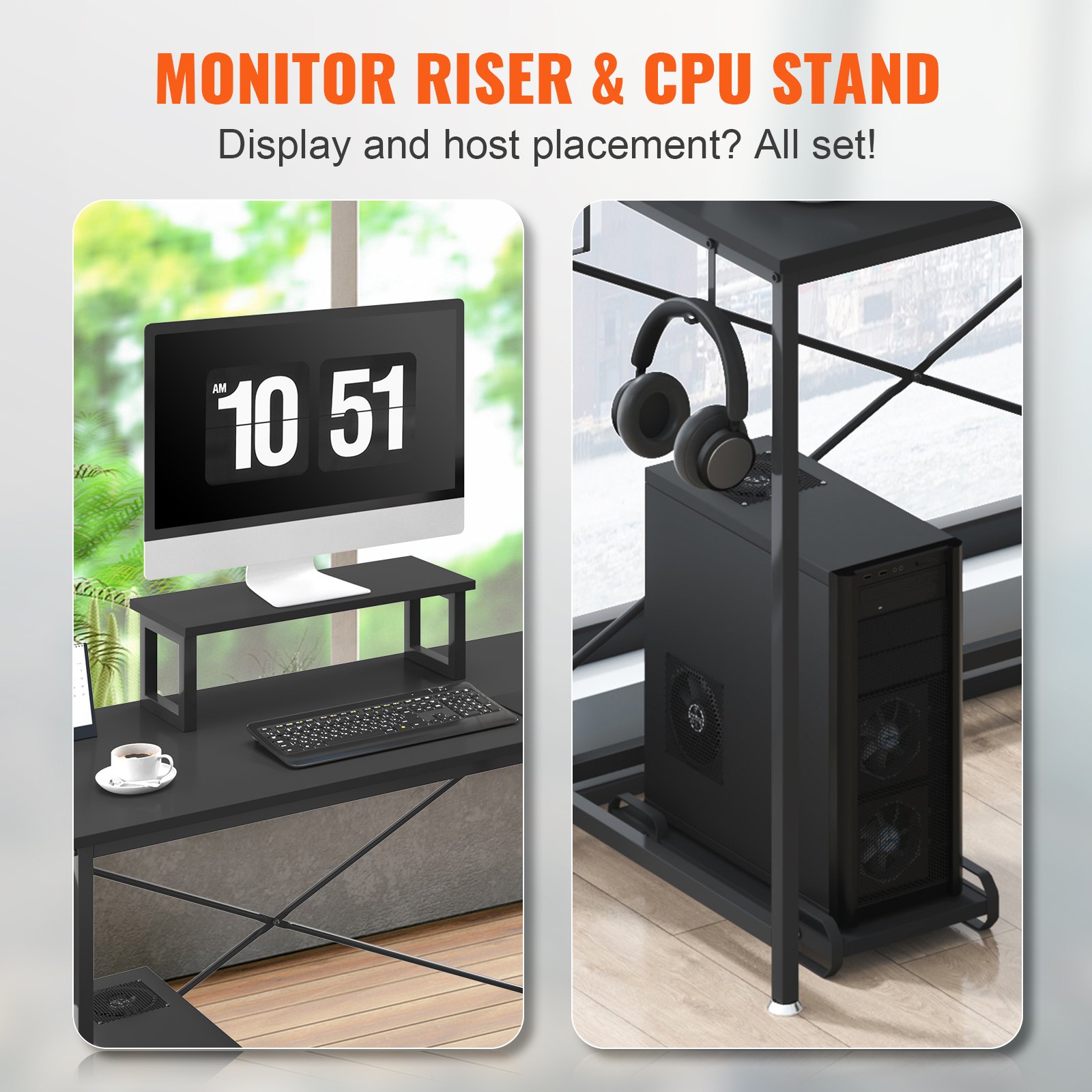 monitor riser and cpu stand on VEVOR l shaped computer desk, featuring a sleek, organized setup.