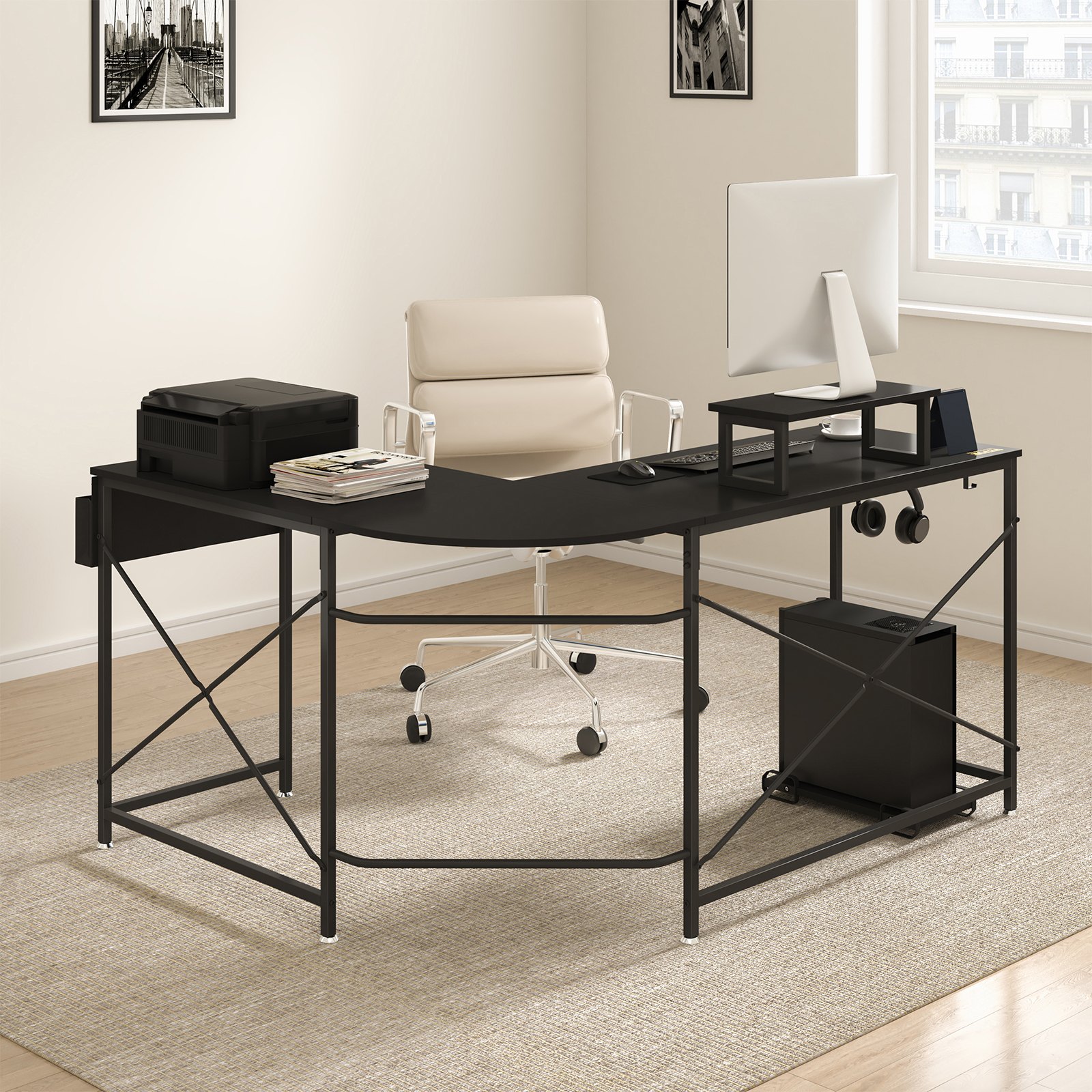 modern home office setup with VEVOR l shaped computer desk, office chair, pc, printer, and decor.