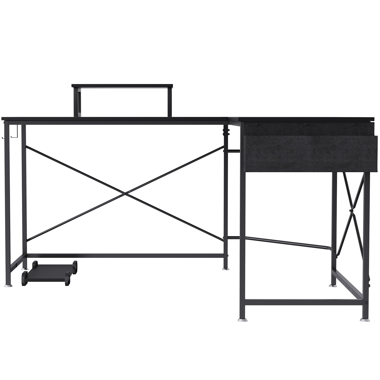VEVOR l shaped computer desk with black metal frame, monitor shelf, and cpu stand.