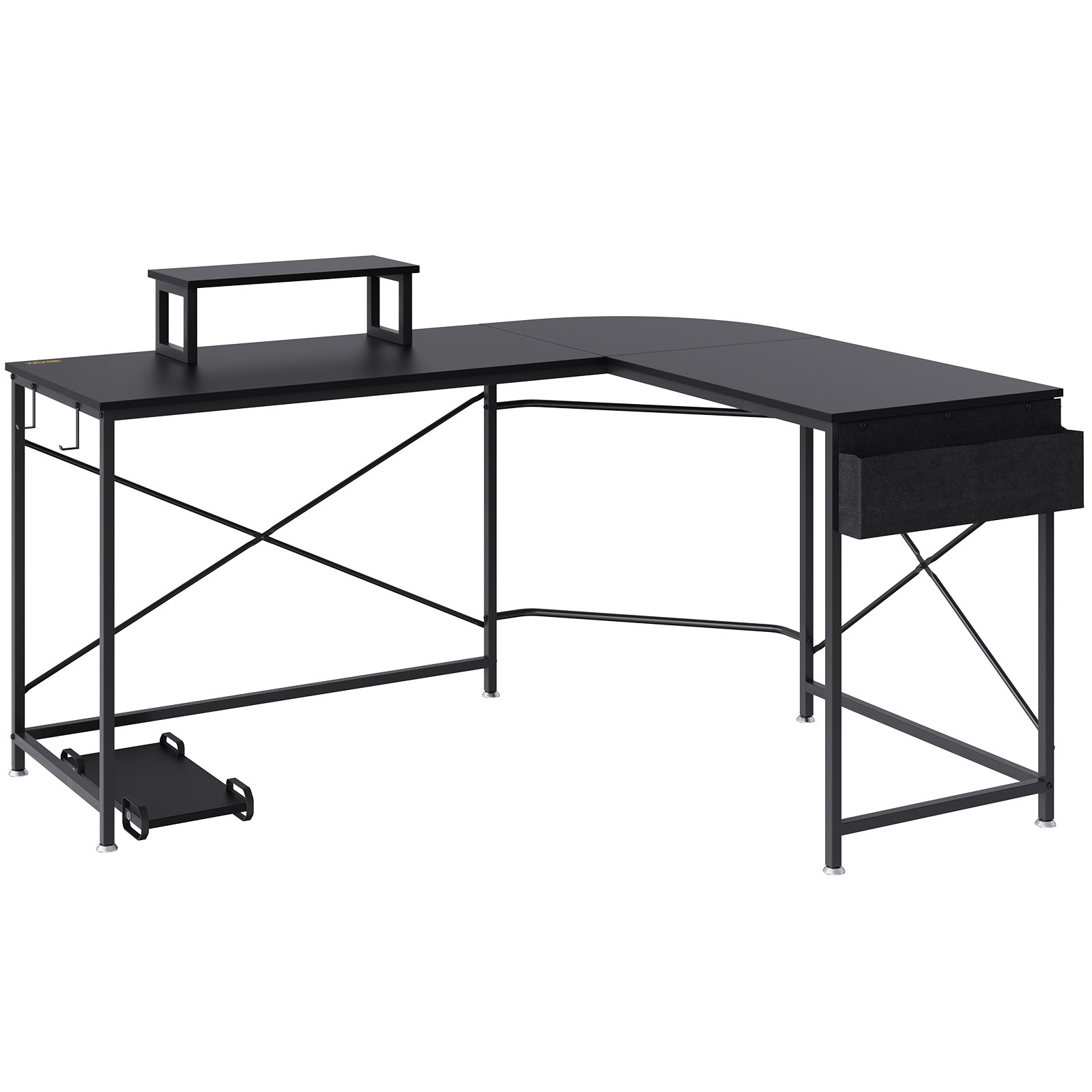 black VEVOR l shaped computer desk with monitor shelf, storage basket, and cpu stand.
