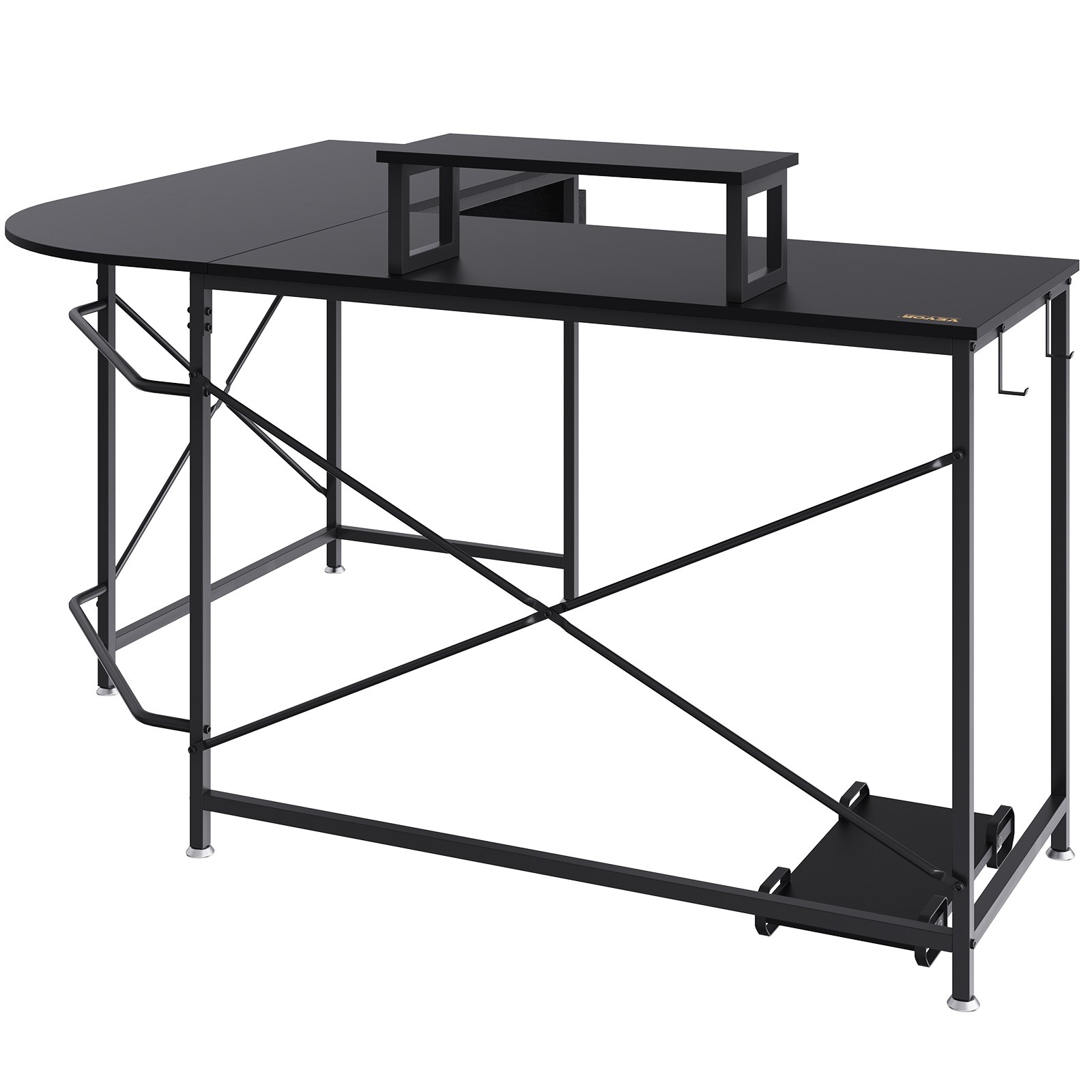 black VEVOR l shaped computer desk with monitor stand, metal frame, and storage shelves.