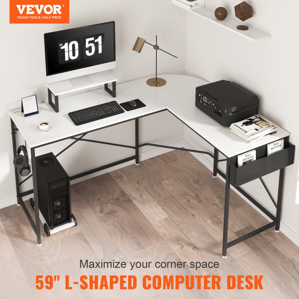 VEVOR l shaped computer desk with monitor, lamp, printer, and accessories on a wooden floor.