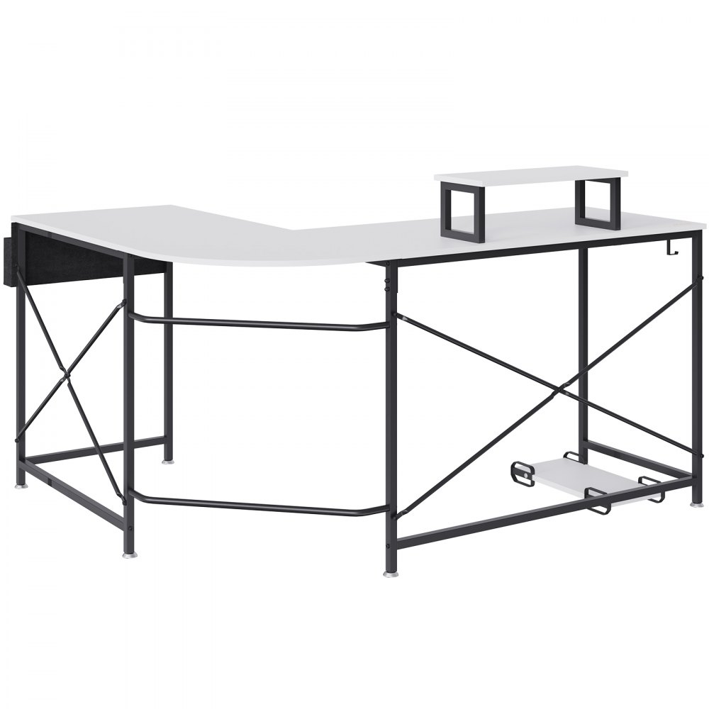 VEVOR l shaped computer desk, white with black metal frame, monitor stand, and cable management hooks.