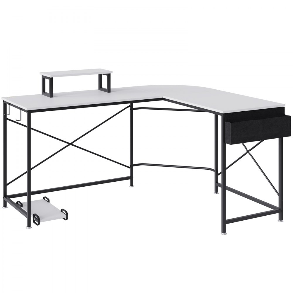 modern VEVOR l shaped computer desk with elevated shelf, under-desk storage, and sleek metal frame.