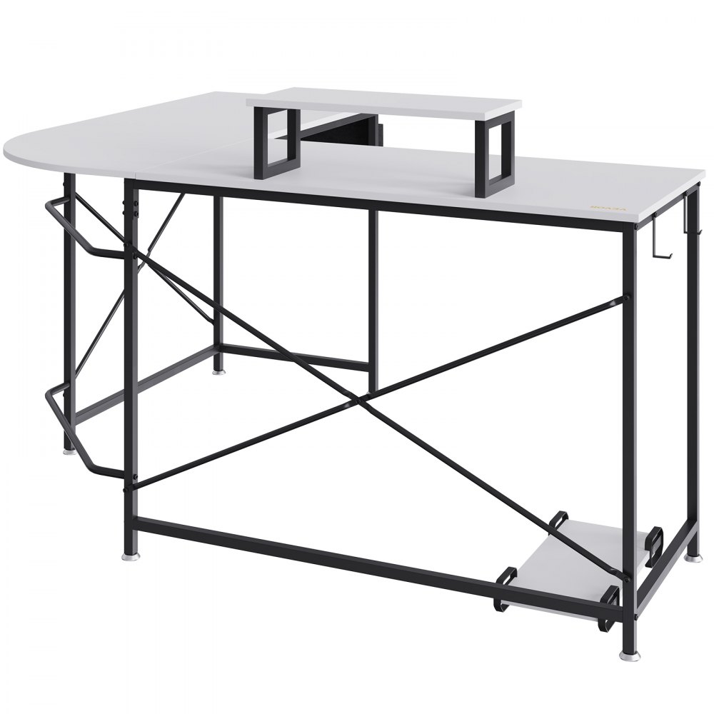 VEVOR l shaped computer desk with a black metal frame, white tabletop, monitor stand, and footrest.