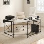 modern home office setup with a VEVOR l shaped computer desk, white chair, printer, and desktop monitor.