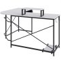 VEVOR l shaped computer desk with a black metal frame, white tabletop, monitor stand, and footrest.