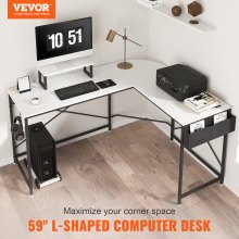 VEVOR Escritorio para computadora en forma de L, escritorio de esquina de 59 pulgadas con bolsa de almacenamiento, elevador de monitor y soporte para CPU, escritorio de trabajo para juegos para estación de trabajo de oficina en casa, blanco