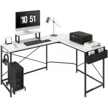 VEVOR L Shaped Computer Desk, 59'' Corner Desk with Storage Bag, Monitor Riser and CPU Stand, Work Desk Gaming Desk for Home Office Workstation, White