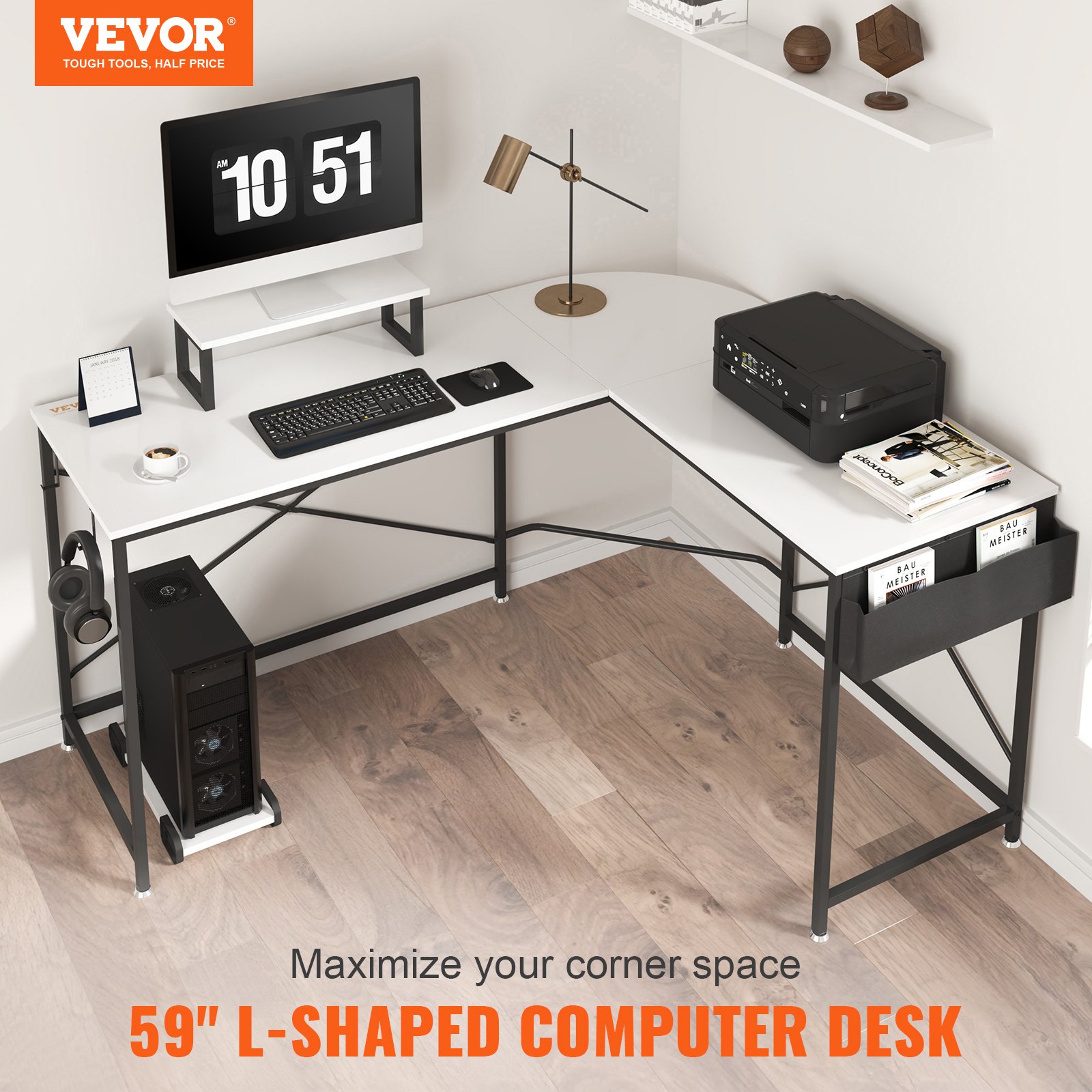 VEVOR l shaped computer desk with monitor, lamp, printer, and accessories on a wooden floor.