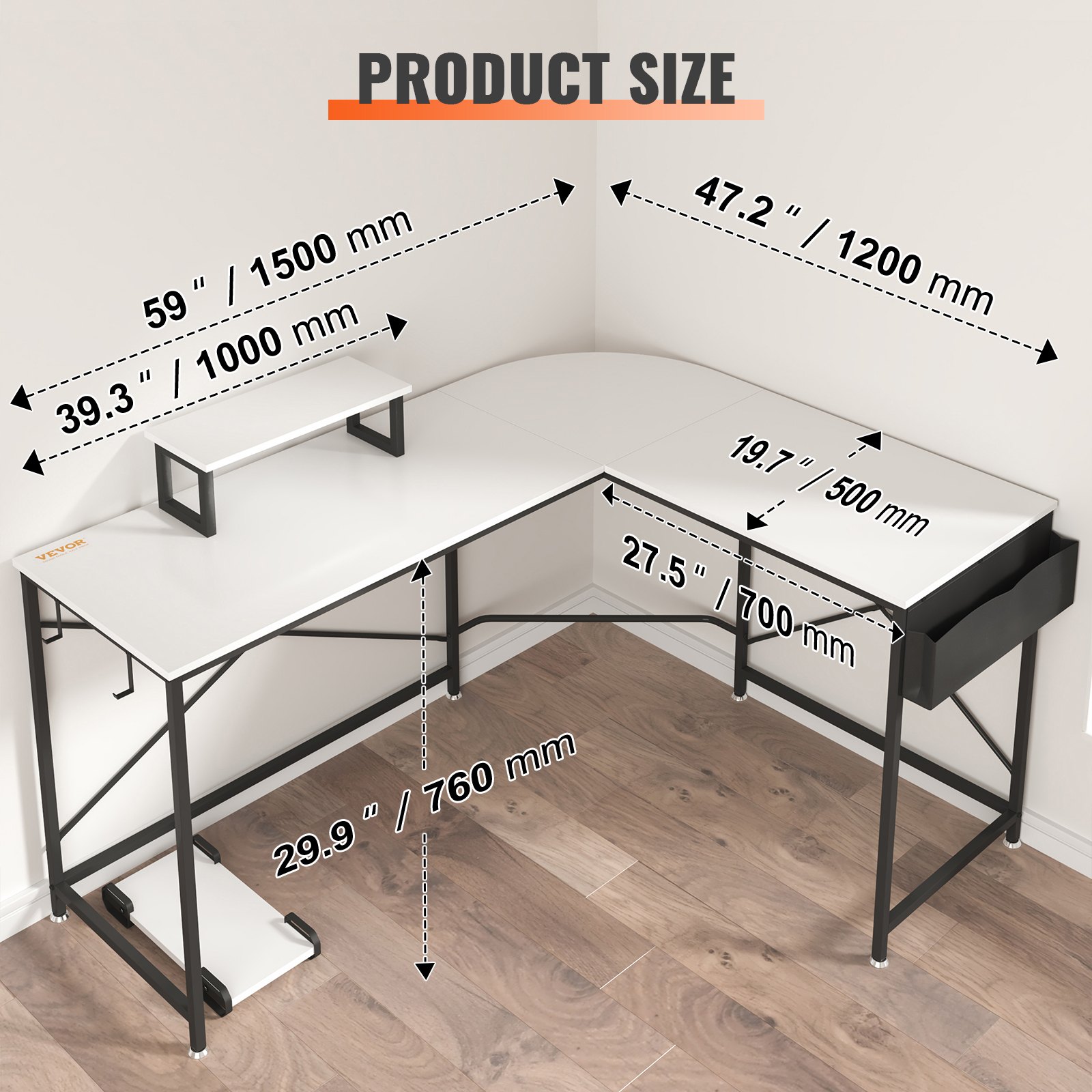 VEVOR l shaped computer desk with dimensions in millimeters and inches展示架上設定的位置和角度。