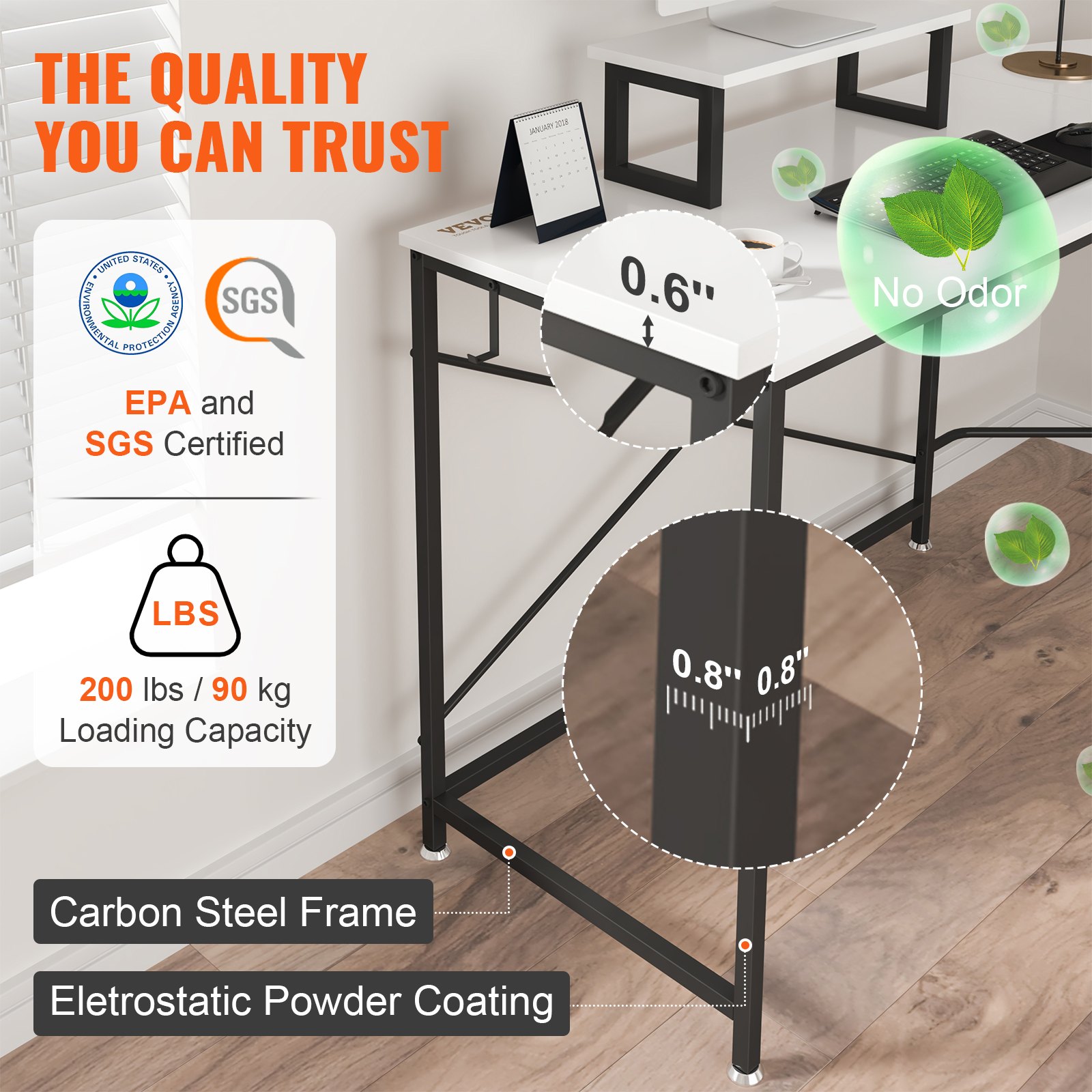 VEVOR l shaped computer desk, epa and sgs certified, carbon steel frame, 200 lbs capacity, no odor.