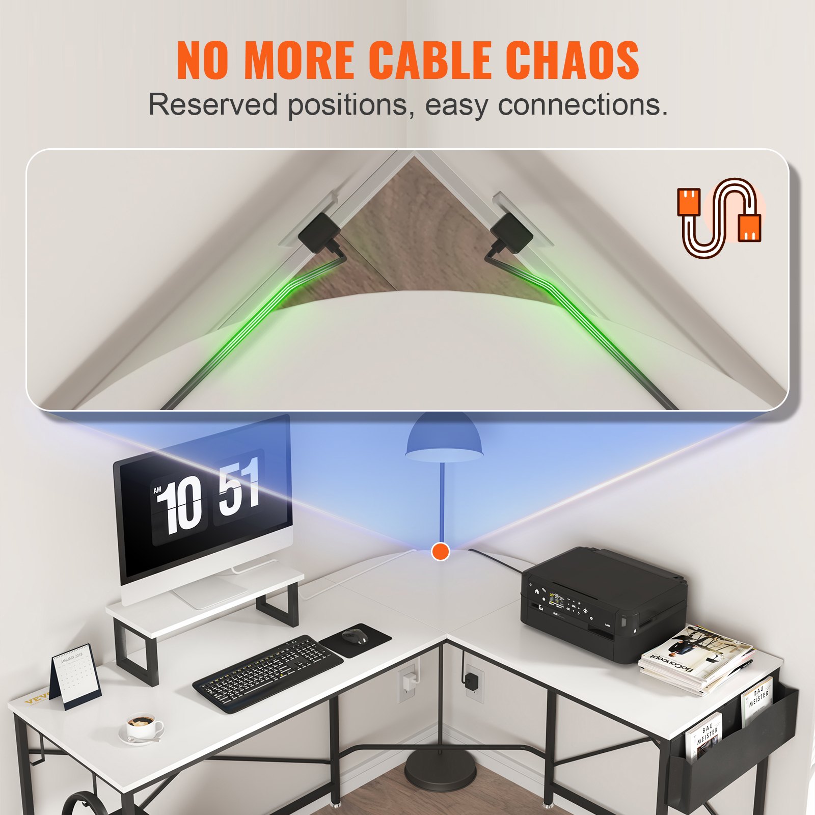 VEVOR l shaped computer desk with cable management, reserved positions, and clean connections.
