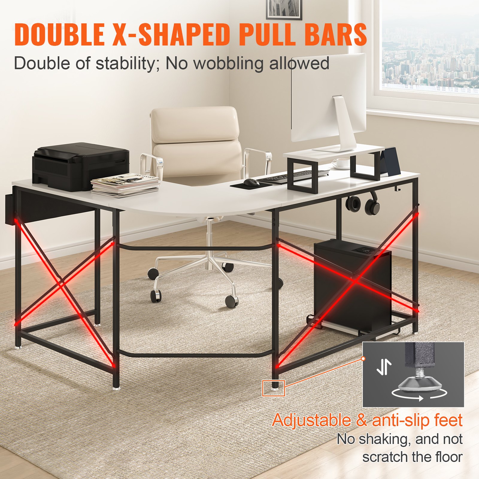VEVOR l shaped computer desk with double x-shaped pull bars and adjustable, anti-slip feet in an office setting.