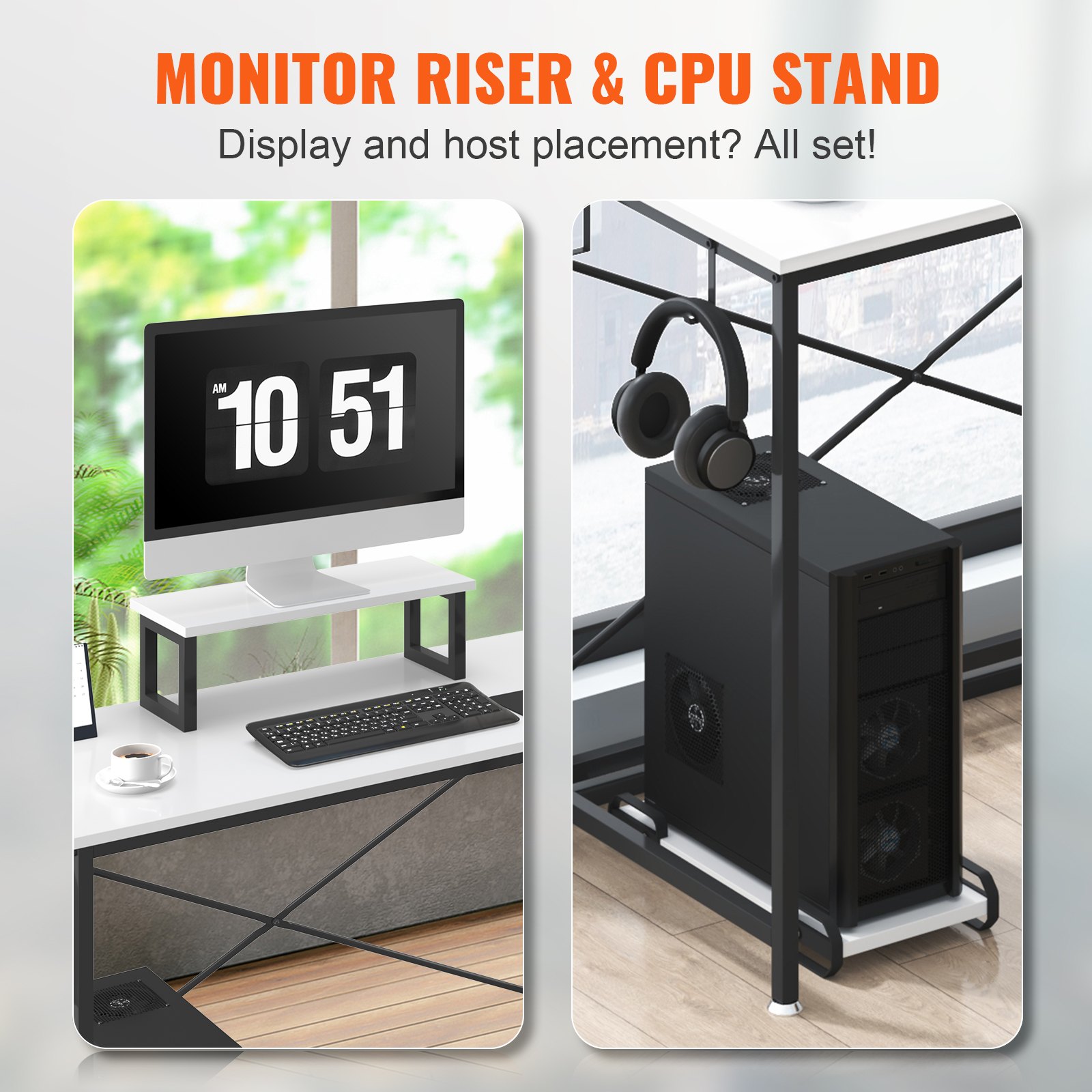 VEVOR l shaped computer desk with monitor riser, cpu stand, and modern design.