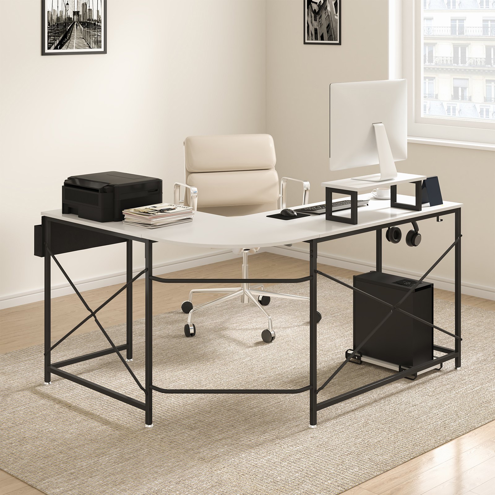 modern home office setup with a VEVOR l shaped computer desk, white chair, printer, and desktop monitor.