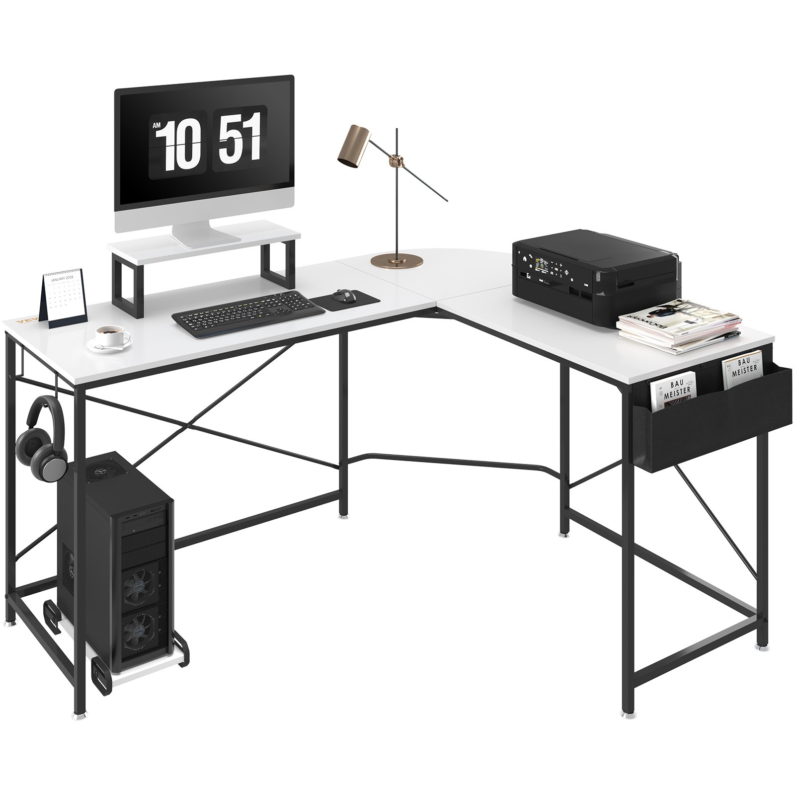 modern VEVOR l shaped computer desk with a computer, lamp, printer, keyboard, mouse, and desk accessories.