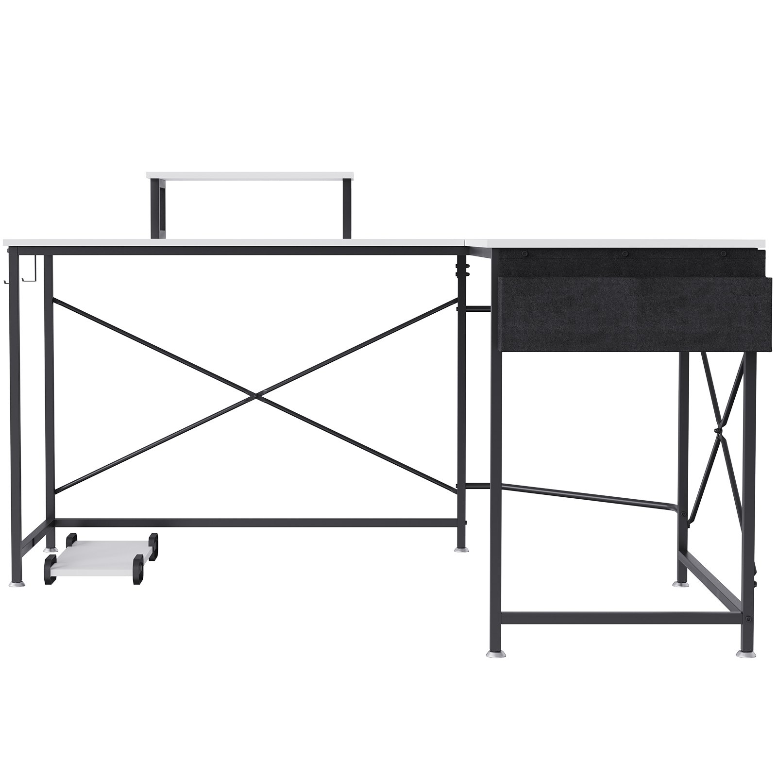 VEVOR l shaped computer desk with monitor shelf, black metal frame, and white desktop.