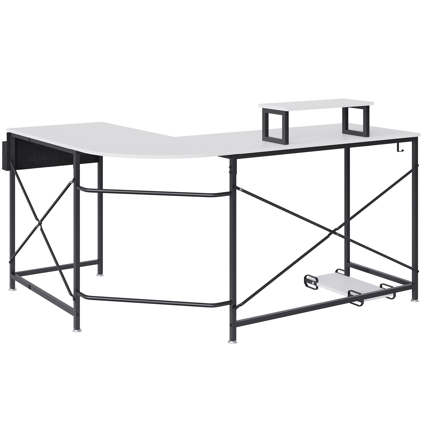 VEVOR l shaped computer desk, white with black metal frame, monitor stand, and cable management hooks.