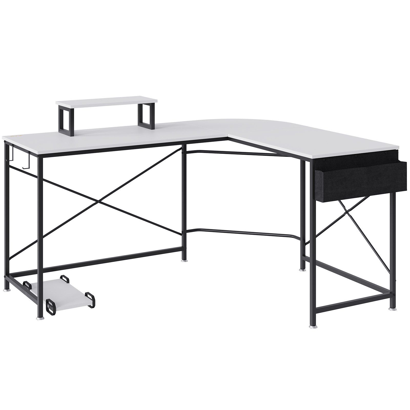 modern VEVOR l shaped computer desk with elevated shelf, under-desk storage, and sleek metal frame.