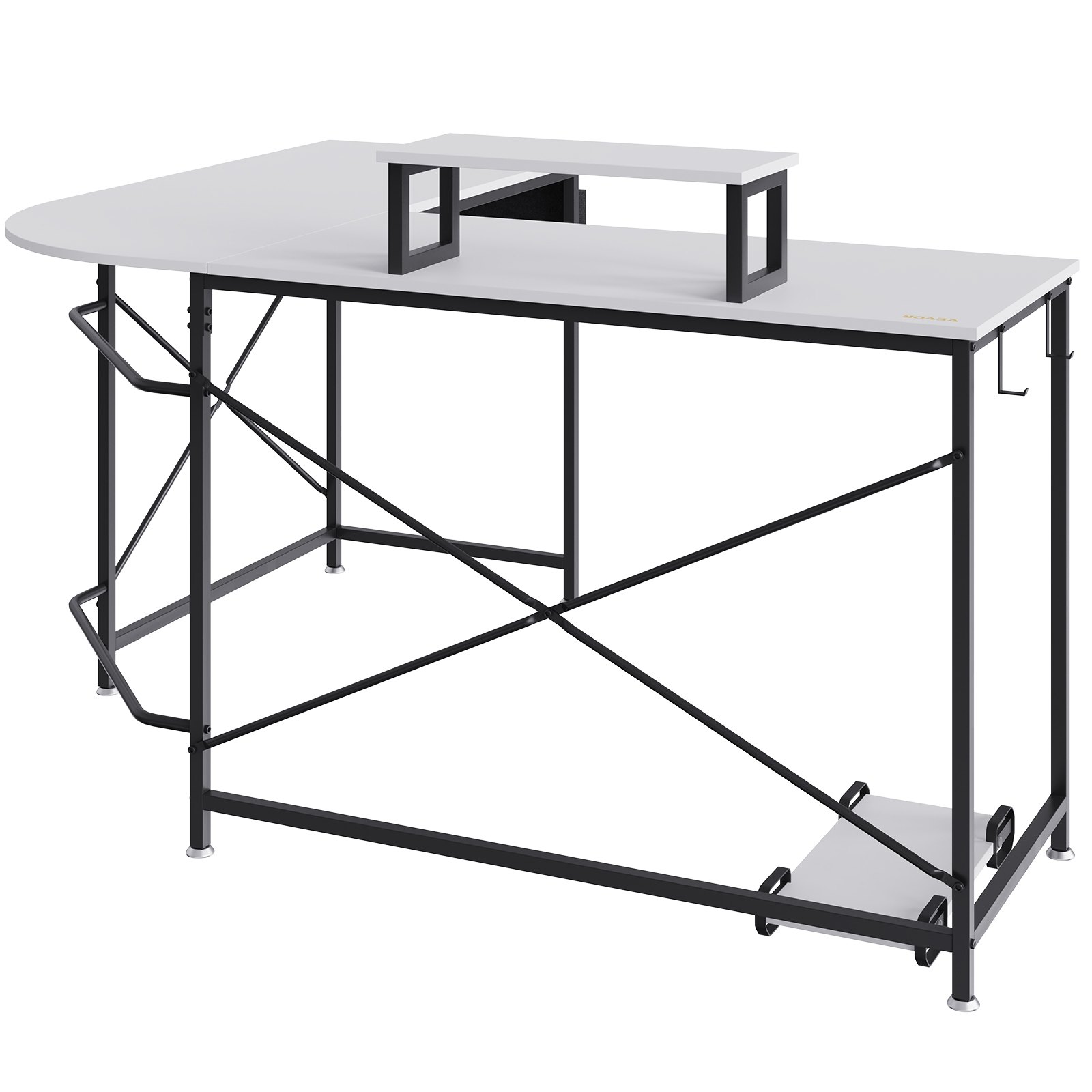 VEVOR l shaped computer desk with a black metal frame, white tabletop, monitor stand, and footrest.