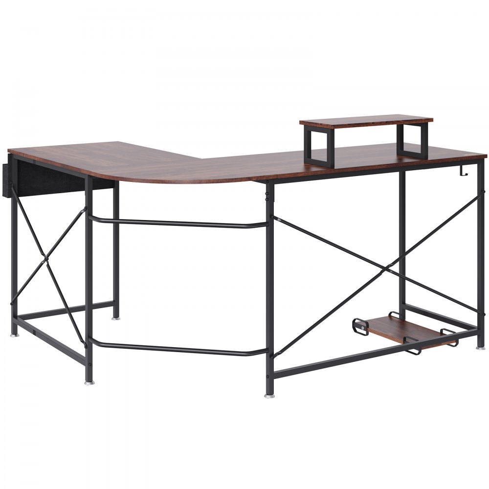 VEVOR L Shaped Computer Desk, 59'' Corner Desk with Storage Bag, Monitor Riser and CPU Stand, Work Desk Gaming Desk for Home Office Workstation, Rustic Brown