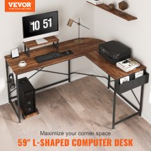 VEVOR L -muotoinen tietokonepöytä, 59 tuuman kulmapöytä säilytyspussilla, näytön nostolaite ja prosessoriteline, työpöytäpelipöytä kotitoimistotyöasemalle, maalaismainen ruskea