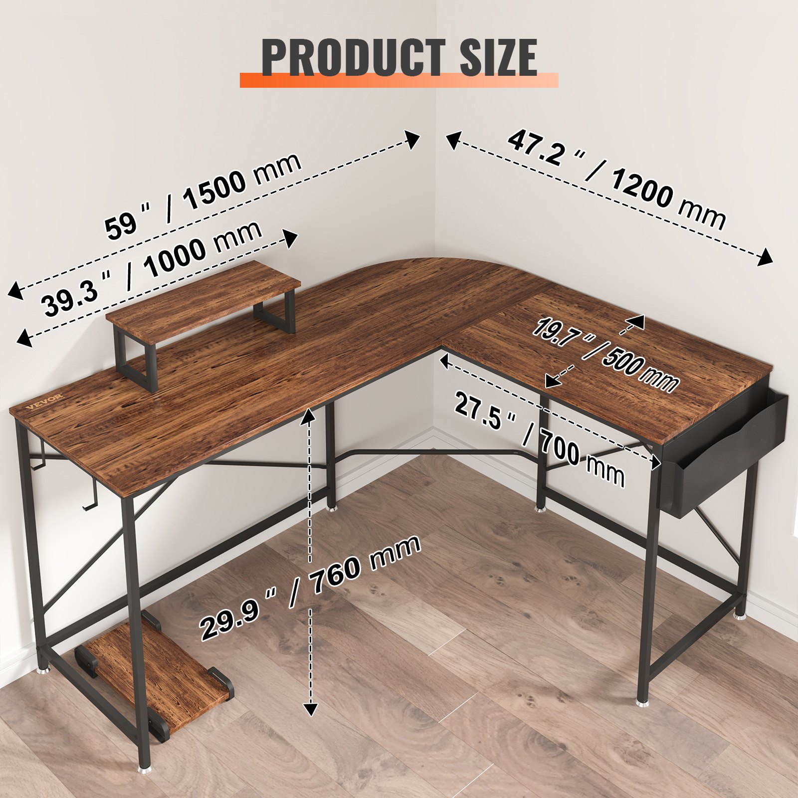 VEVOR L Shaped Computer Desk, 59'' Corner Desk with Storage Bag, Monitor Riser and CPU Stand, Work Desk Gaming Desk for Home Office Workstation, Rustic Brown