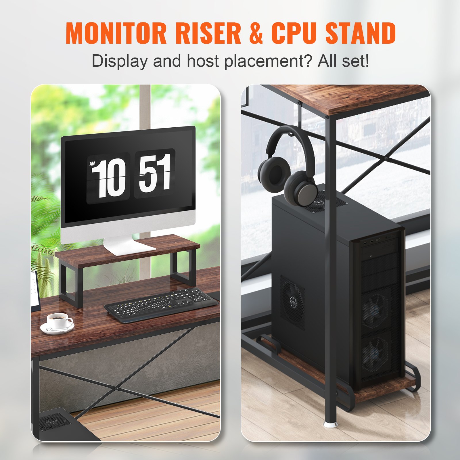 VEVOR L Shaped Computer Desk, 59'' Corner Desk with Storage Bag, Monitor Riser and CPU Stand, Work Desk Gaming Desk for Home Office Workstation, Rustic Brown