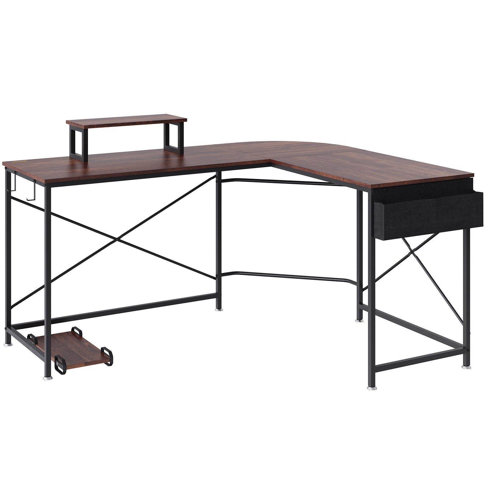 VEVOR L Shaped Computer Desk, 59'' Corner Desk with Storage Bag, Monitor Riser and CPU Stand, Work Desk Gaming Desk for Home Office Workstation, Rustic Brown