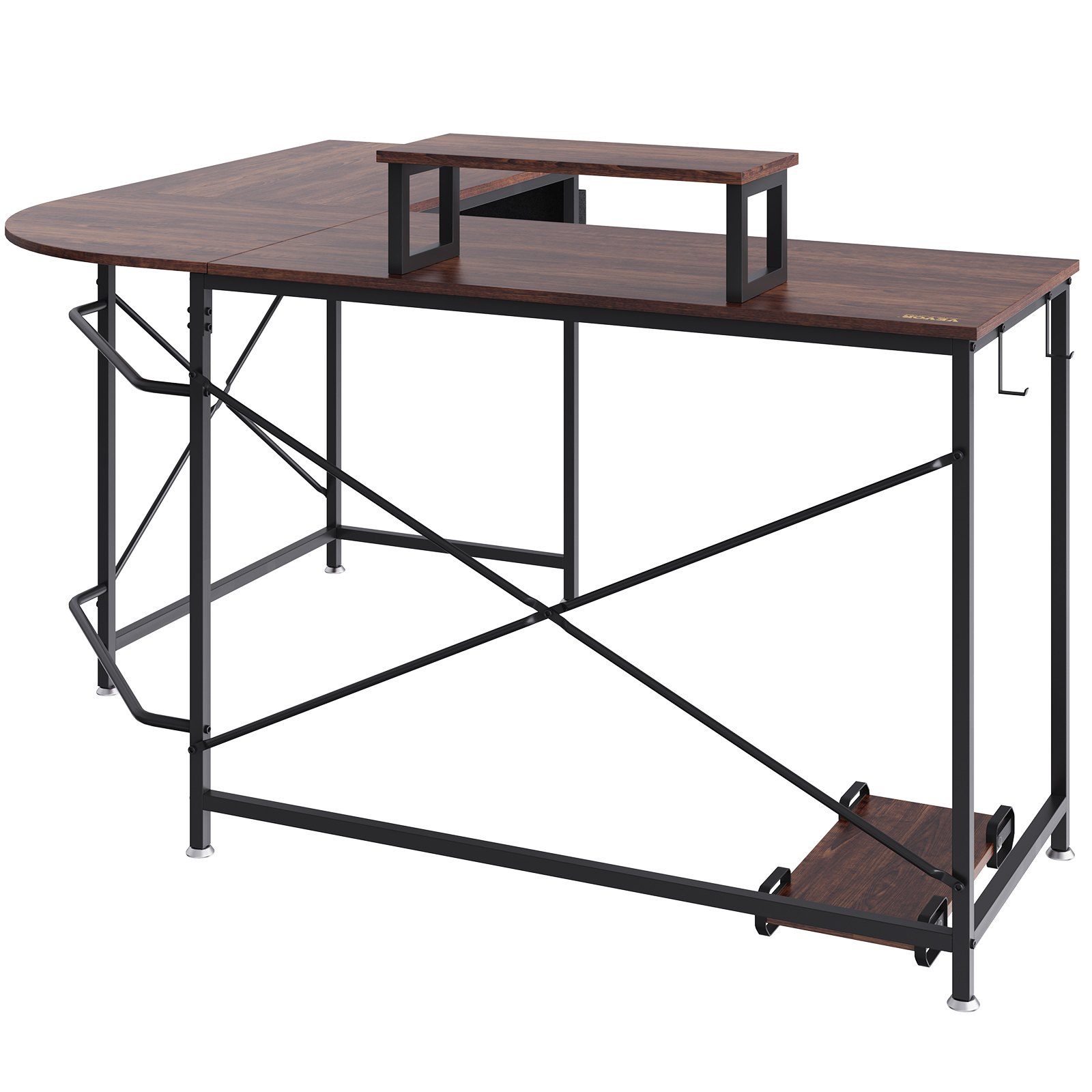 VEVOR L Shaped Computer Desk, 59'' Corner Desk with Storage Bag, Monitor Riser and CPU Stand, Work Desk Gaming Desk for Home Office Workstation, Rustic Brown