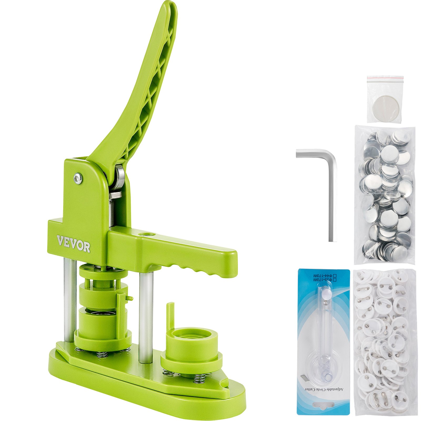 VEVOR Badge Button Press, 1 Inch (25 mm) Button Press Machine, Green Button Badge Maker Machine with 1 Circle Cutter and 1000 Sets of Components (Metal Fronts, Clear Plastic Mylar, Plastic Backs)