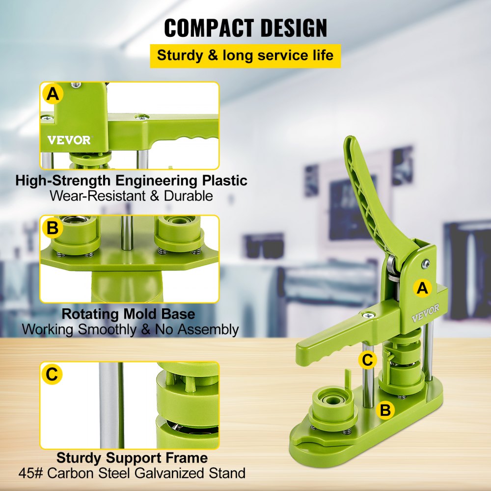 VEVOR Badge Button Press, 1 Inch (25 mm) Button Press Machine, Green Button Badge Maker Machine with 1 Circle Cutter and 500 Sets of Components (Metal Fronts, Clear Plastic Mylar, Plastic Backs)