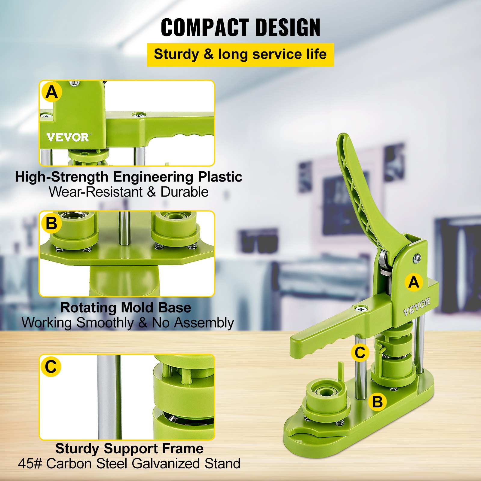VEVOR Badge Button Press, 1 Inch (25 mm) Button Press Machine, Green Button Badge Maker Machine with 1 Circle Cutter and 500 Sets of Components (Metal Fronts, Clear Plastic Mylar, Plastic Backs)