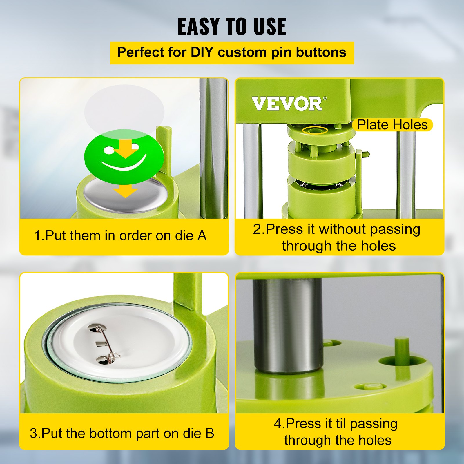 VEVOR Badge Button Press, 1 Inch (25 mm) Button Press Machine, Green Button Badge Maker Machine with 1 Circle Cutter and 500 Sets of Components (Metal Fronts, Clear Plastic Mylar, Plastic Backs)