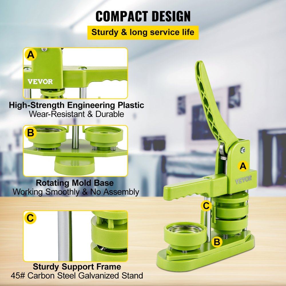 VEVOR Badge Button Press, 2-1/4 inch (58 mm) Button Press Machine, Green Button Badge Maker Machine with 1 Circle Cutter and 1000 Sets of Components (Metal Fronts, Clear Plastic Mylar, Plastic Backs)