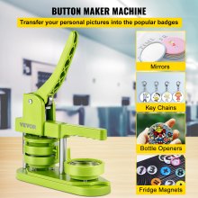 VEVOR Badge Button Press, 2-1/4 inch (58 mm) Button Press Machine, Green Button Badge Maker Machine with 1 Circle Cutter and 1000 Sets of Components (Metal Fronts, Clear Plastic Mylar, Plastic Backs)