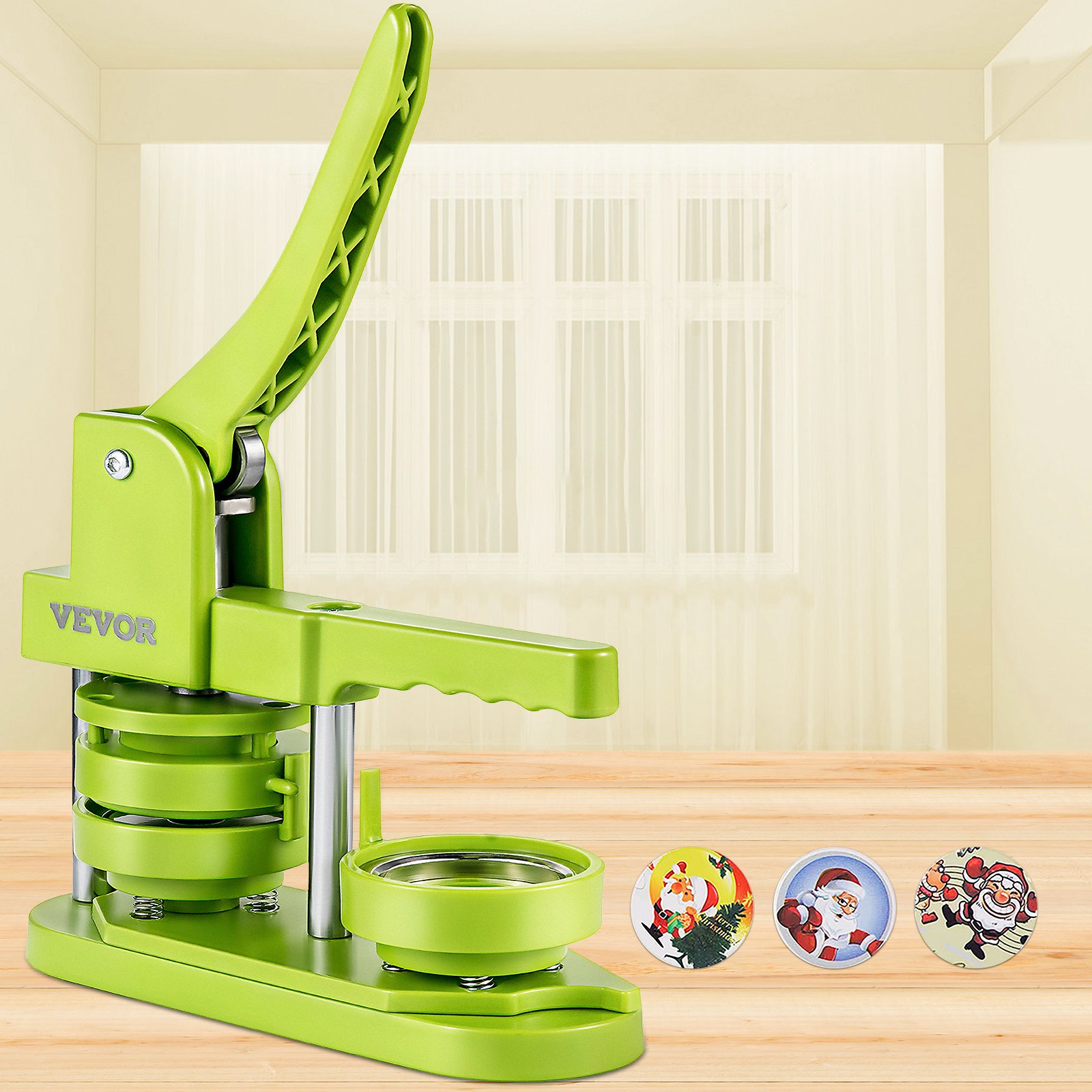 VEVOR Badge Button Press, 2-1/4 inch (58 mm) Button Press Machine, Green Button Badge Maker Machine with 1 Circle Cutter and 1000 Sets of Components (Metal Fronts, Clear Plastic Mylar, Plastic Backs)