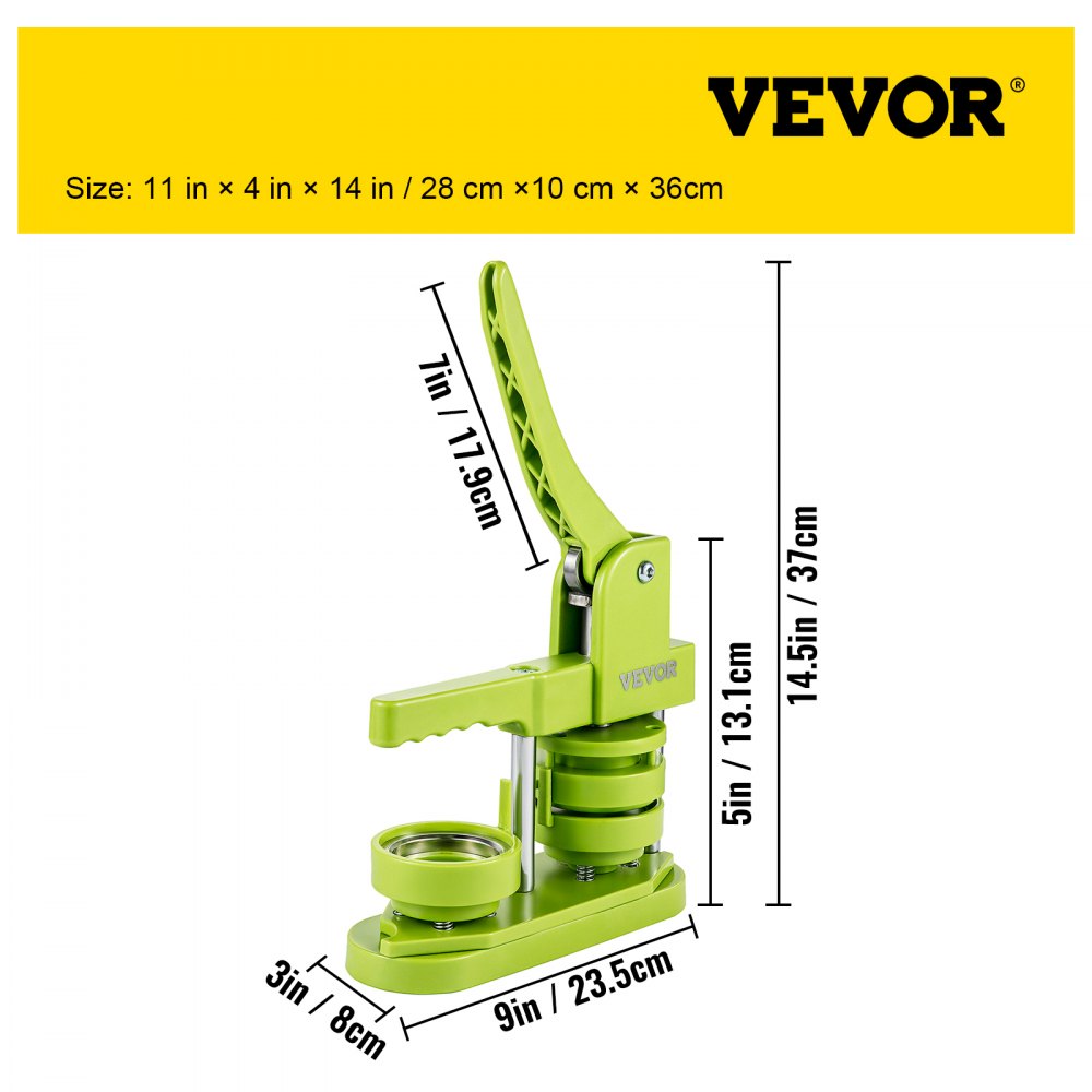 VEVOR Badge Button Press, 2-1/4 inch (58 mm) Button Press Machine, Green Button Badge Maker Machine with 1 Circle Cutter and 500 Sets of Components (Metal Fronts, Clear Plastic Mylar, Plastic Backs)