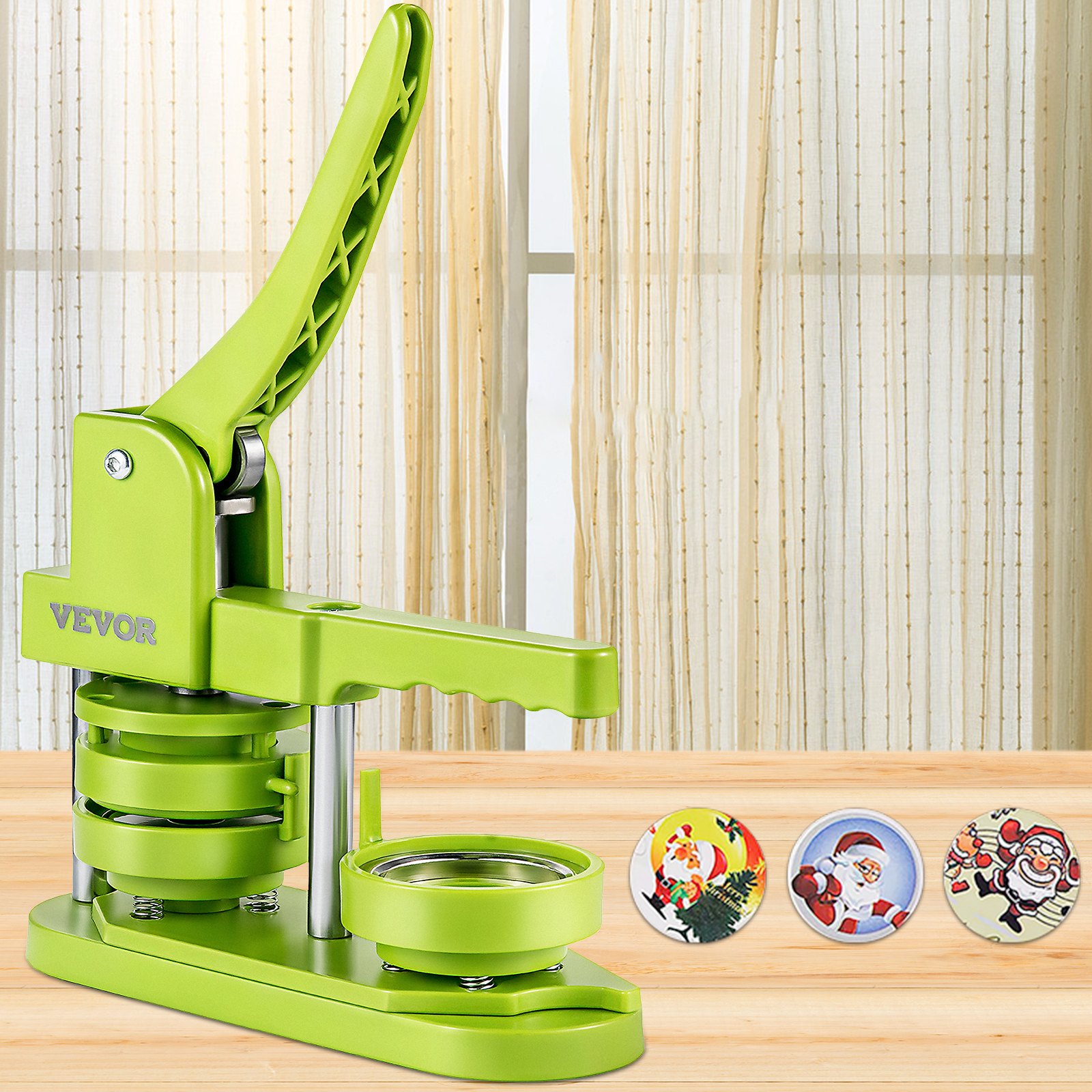 VEVOR Badge Button Press, 2-1/4 inch (58 mm) Button Press Machine, Green Button Badge Maker Machine with 1 Circle Cutter and 500 Sets of Components (Metal Fronts, Clear Plastic Mylar, Plastic Backs)