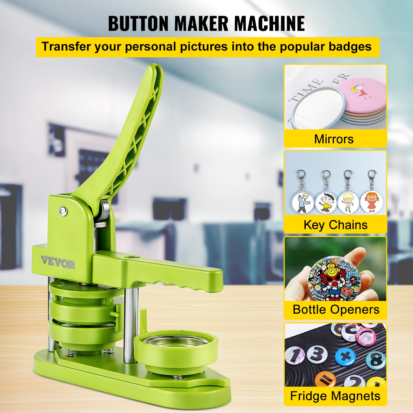 VEVOR Badge Button Press, 2-1/4 inch (58 mm) Button Press Machine, Green Button Badge Maker Machine with 1 Circle Cutter and 500 Sets of Components (Metal Fronts, Clear Plastic Mylar, Plastic Backs)