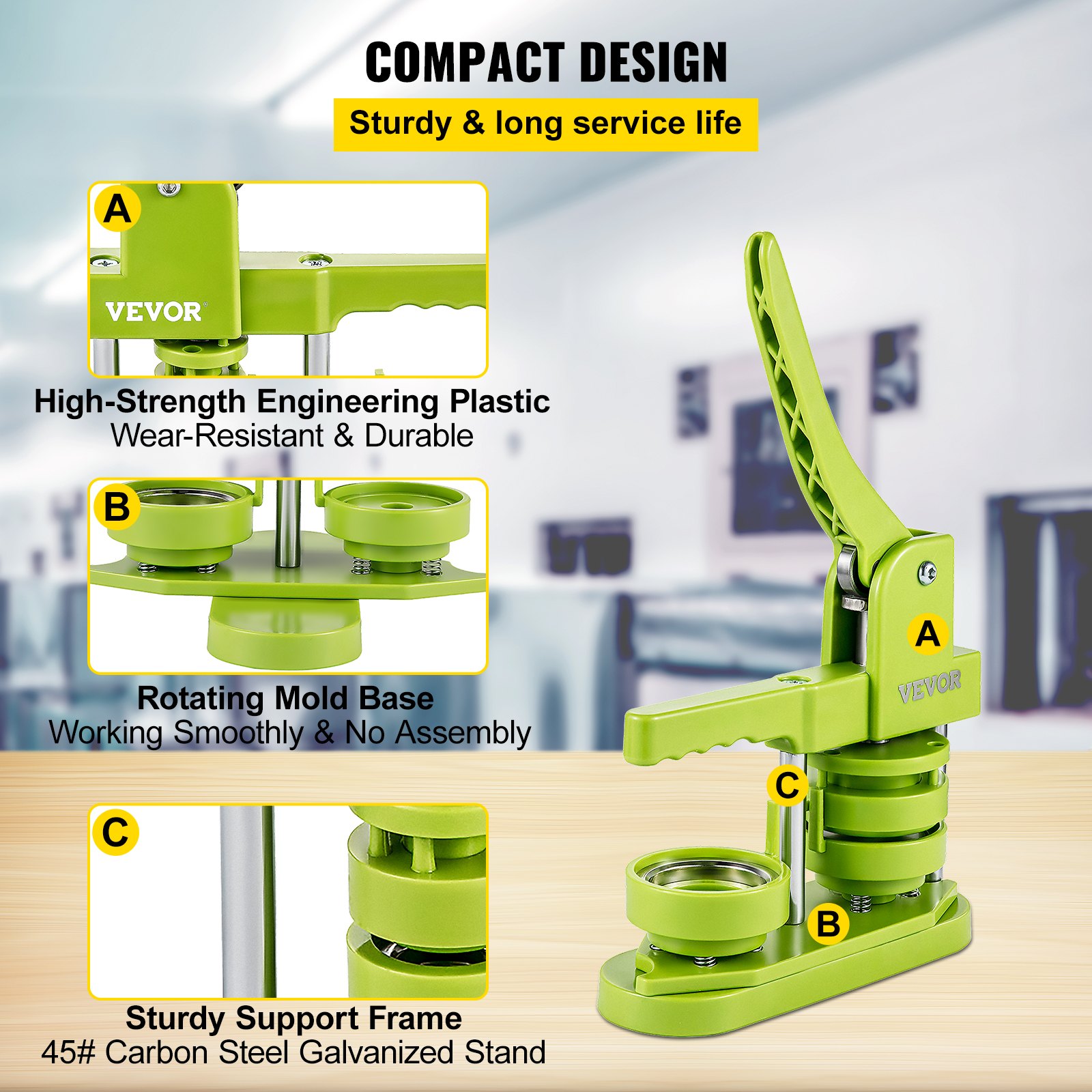 VEVOR Badge Button Press, 2-1/4 inch (58 mm) Button Press Machine, Green Button Badge Maker Machine with 1 Circle Cutter and 500 Sets of Components (Metal Fronts, Clear Plastic Mylar, Plastic Backs)