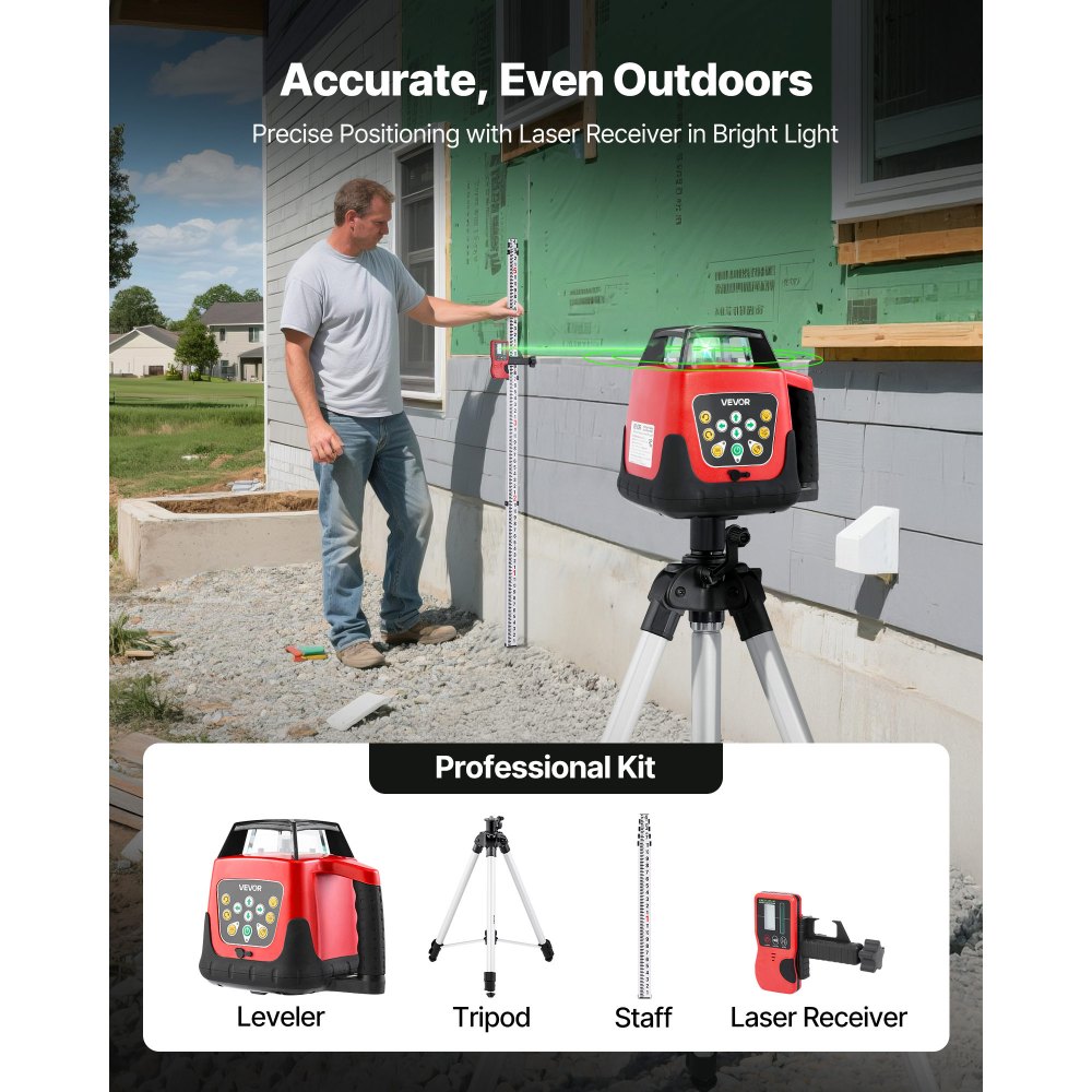 VEVOR Rotary Laser Level Kit, 2000ft 360-Degree Self Leveling Green Horizontal Laser Transit,with Tripod,Receiver,Remote Control, Scale, Toolcase, IP66 Rating Waterproof, 0.80in/100ft for Construction