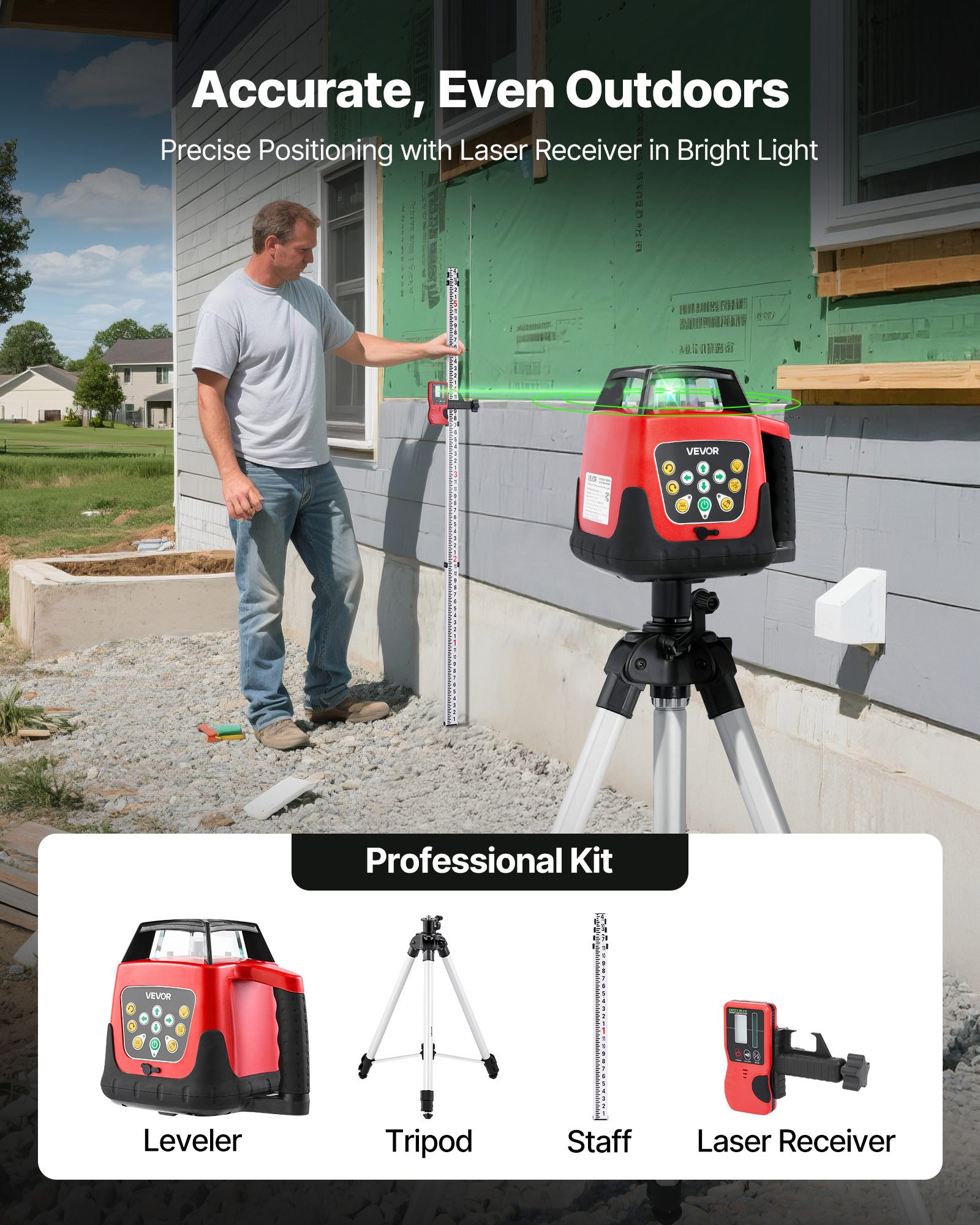 VEVOR Rotary Laser Level Kit, 2000ft 360-Degree Self Leveling Green Horizontal Laser Transit,with Tripod,Receiver,Remote Control, Scale, Toolcase, IP66 Rating Waterproof, 0.80in/100ft for Construction