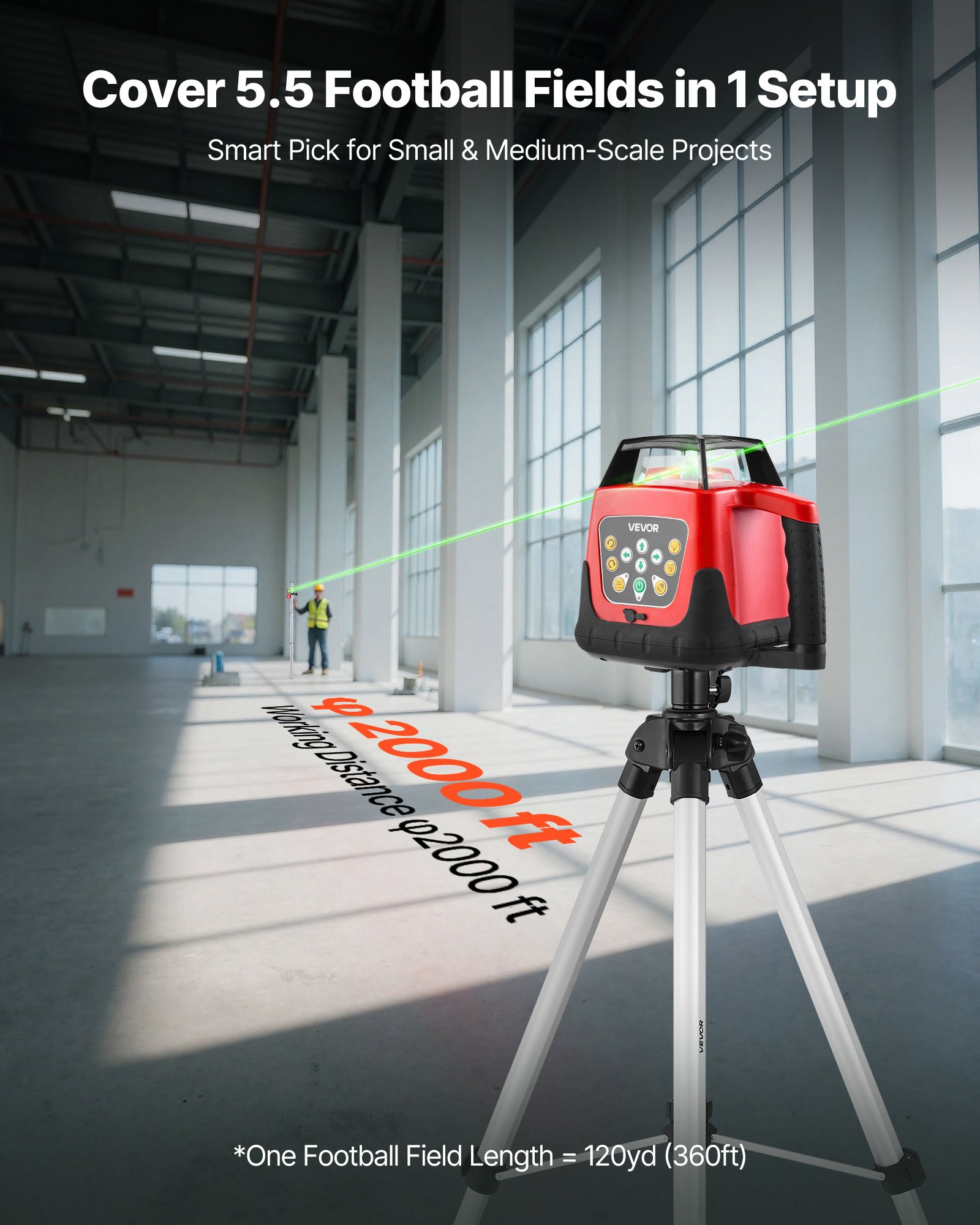VEVOR Rotary Laser Level Kit, 2000ft 360-Degree Self Leveling Green Horizontal Laser Transit,with Tripod,Receiver,Remote Control, Scale, Toolcase, IP66 Rating Waterproof, 0.80in/100ft for Construction