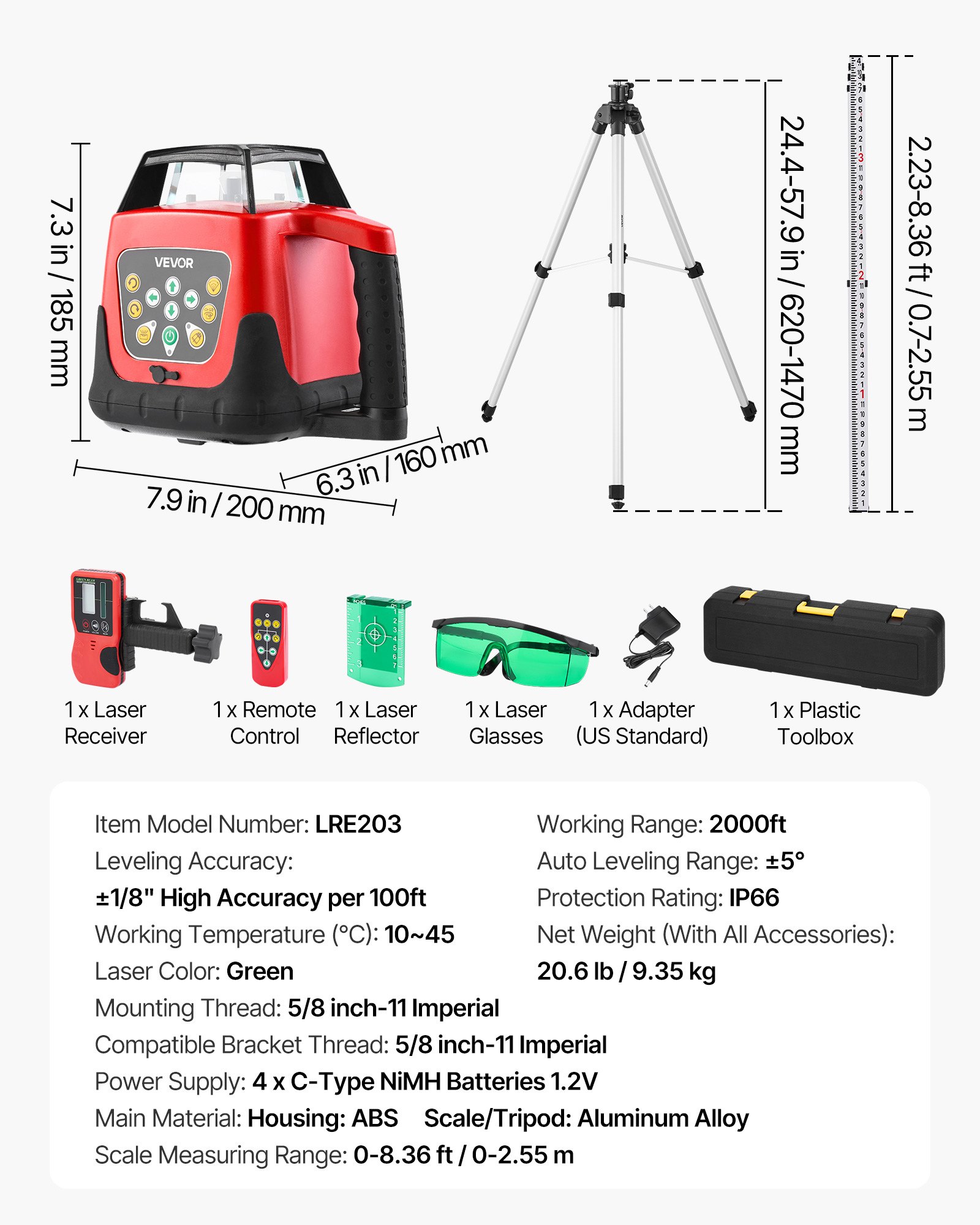 VEVOR Rotary Laser Level Kit, 2000ft 360-Degree Self Leveling Green Horizontal Laser Transit,with Tripod,Receiver,Remote Control, Scale, Toolcase, IP66 Rating Waterproof, 0.80in/100ft for Construction
