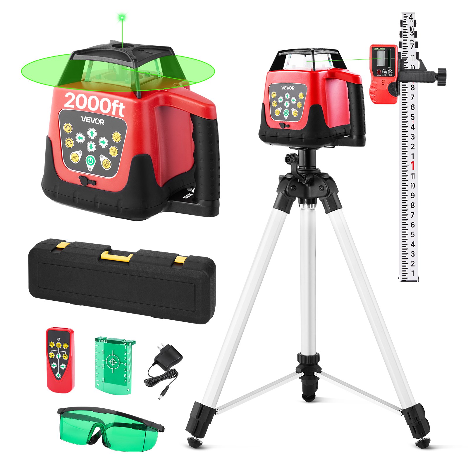 VEVOR Rotary Laser Level Kit, 2000ft 360-Degree Self Leveling Green Horizontal Laser Transit,with Tripod,Receiver,Remote Control, Scale, Toolcase, IP66 Rating Waterproof, 0.80in/100ft for Construction