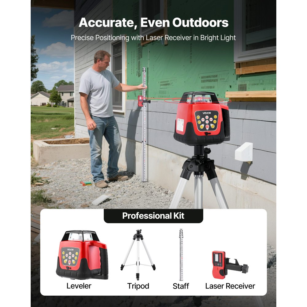 VEVOR Rotary Laser Level Kit, 1650ft 360-Degree Self Leveling Red Horizontal Laser Transit,with Tripod,Receiver,Remote Control, Scale,Toolcase, IP66 Waterproof, 0.80in/100ft Precision for Construction