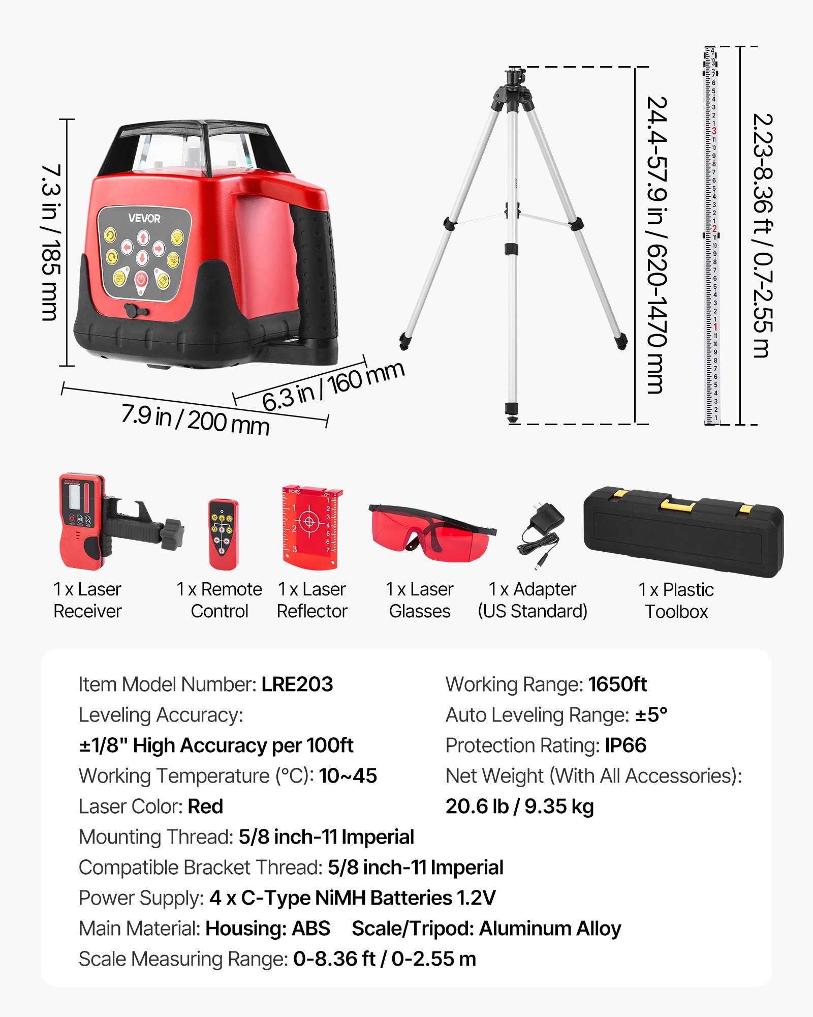 VEVOR Rotary Laser Level Kit, 1650ft 360-Degree Self Leveling Red Horizontal Laser Transit,with Tripod,Receiver,Remote Control, Scale,Toolcase, IP66 Waterproof, 0.80in/100ft Precision for Construction