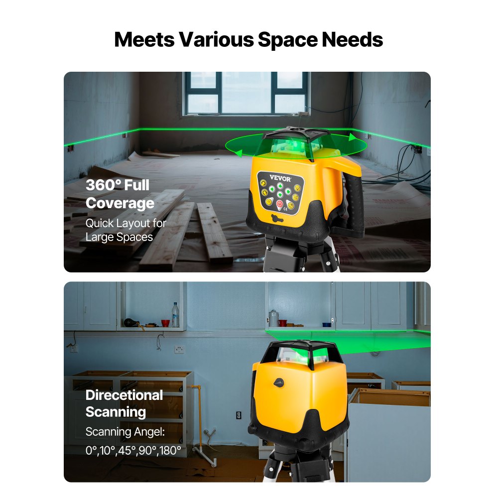VEVOR Rotary Laser Level Kit, Green Beam 500m Range Slope Adjustable 360-Degree Spinning Self Leveling, Flexible Scanning Angle & IP54 Waterproof, Accurate with Remote Control Receiver Carrying Case